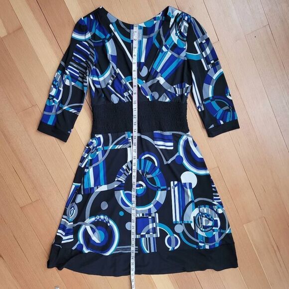 Vintage y2k geometric print blue v neck dress artsy unique‎ 2000s office - Picture 7 of 13